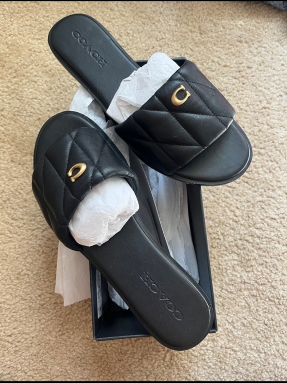 Coach Holly Black Quilted Slide Sandals